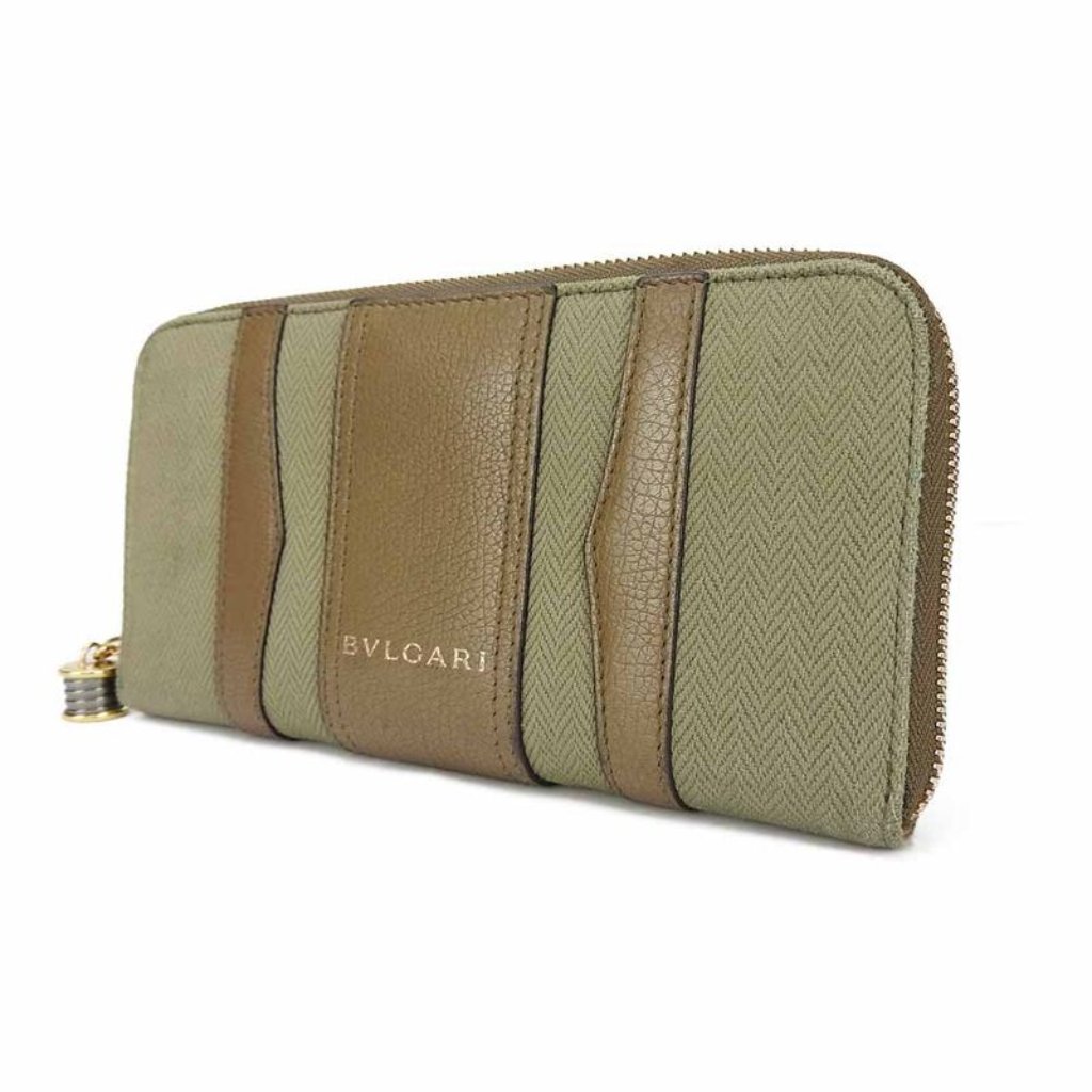 Bulgari Long Wallet B.Zero1 Canvas Leather Brown Khaki B.Zero1 Round Zipper
